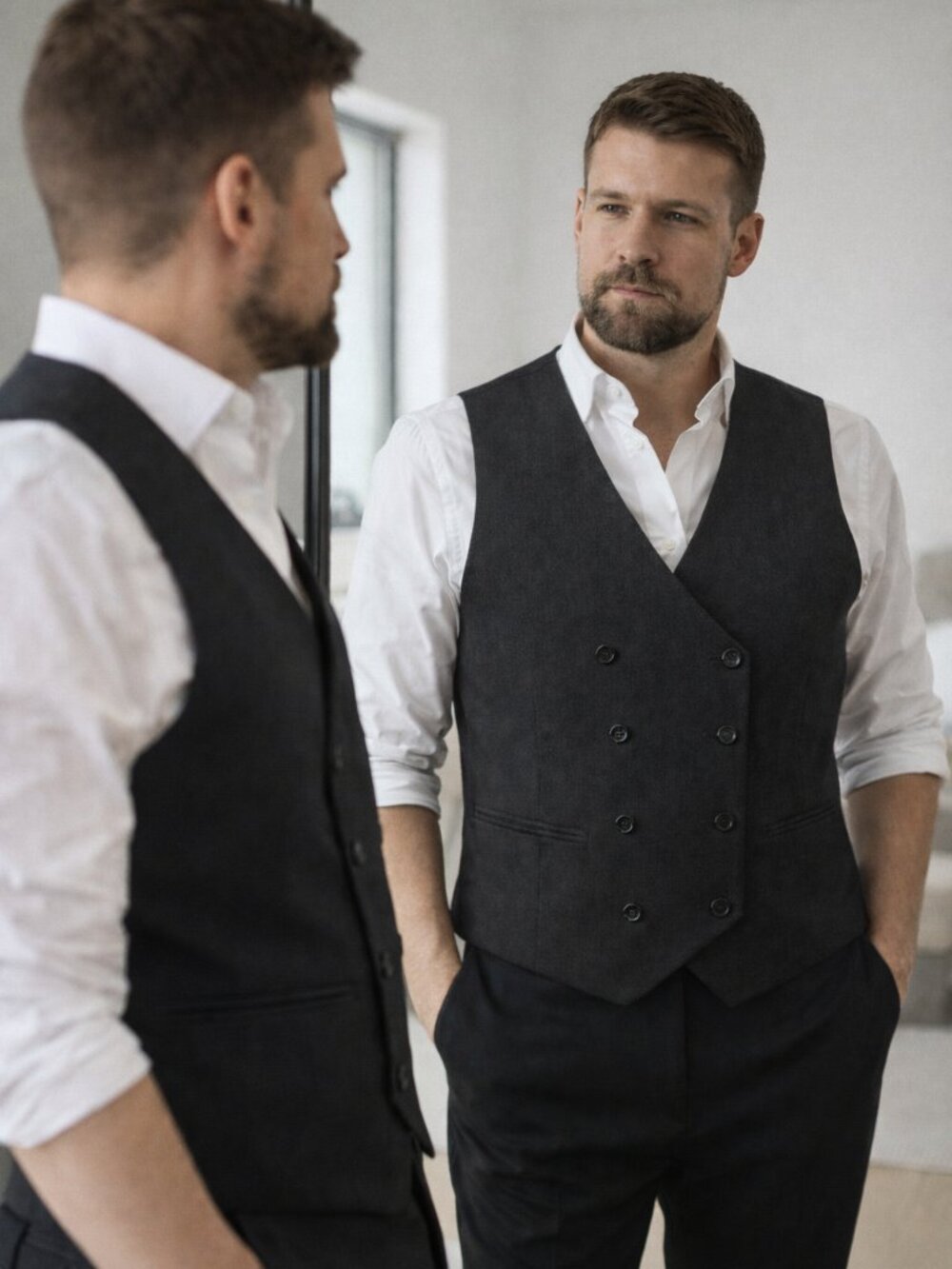 H&M Charcoal Double Breasted Vest 42R / XL Classic Formal Waistcoat Tailored